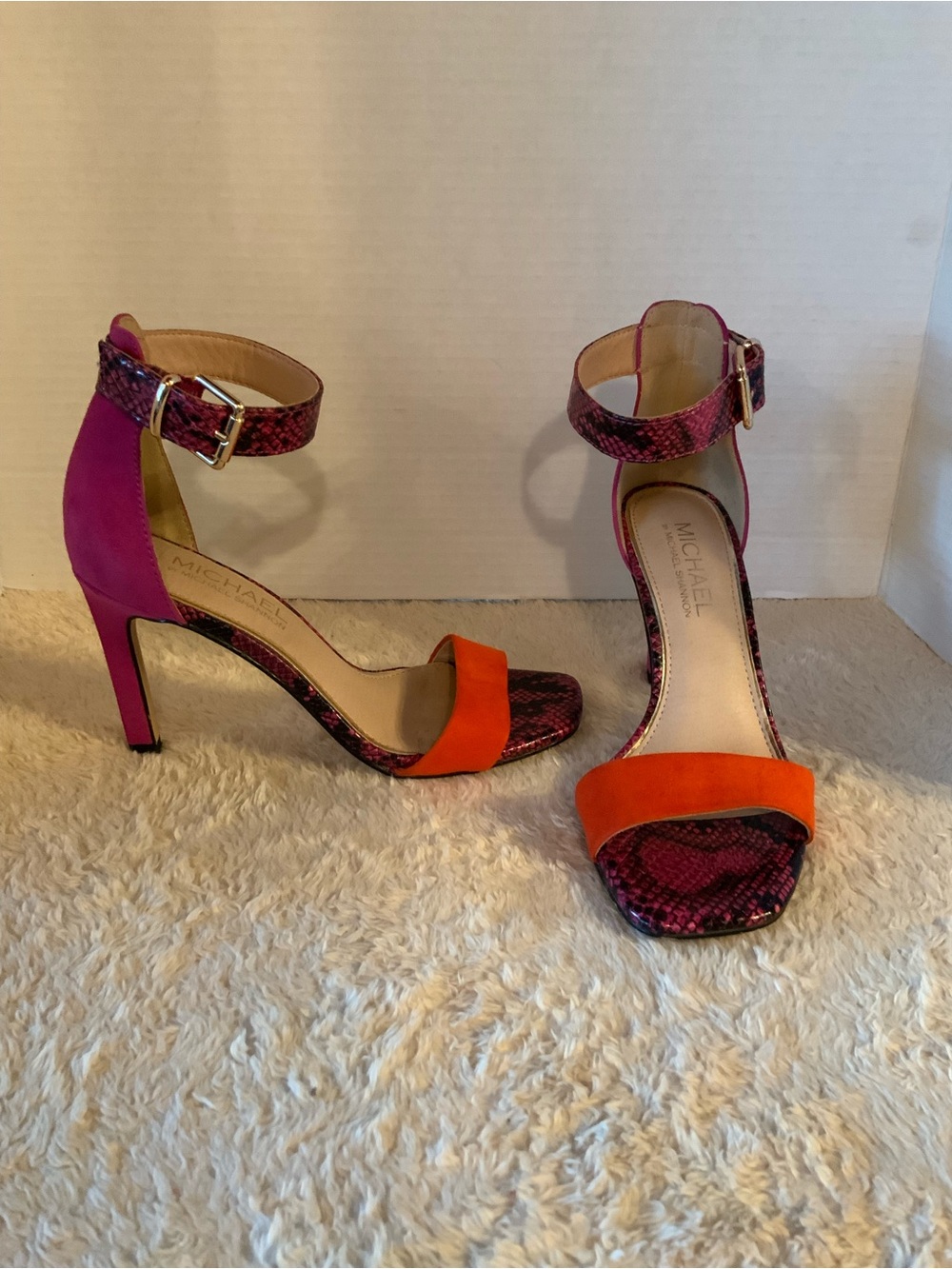 Michael Shannon Pink Snake-Print Heeled Sandals with Orange Strap